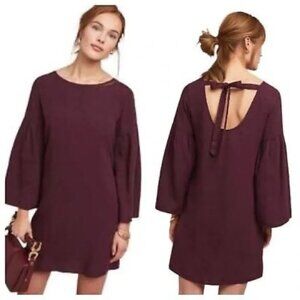 Anthropologie Cloth Stone M Burgundy TIFFANY Bell Sleeves Shift Mini Dress